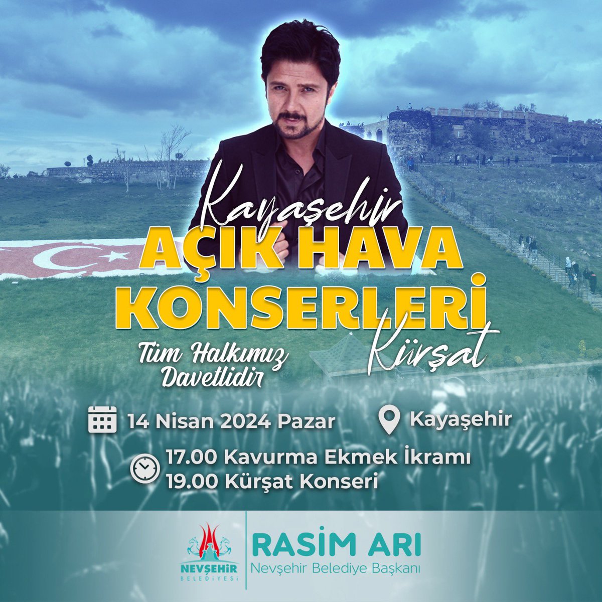 Kaldığımız yerden devam ediyoruz.
Kayaşehir Açık Hava Konserleri’nde ilk sahne alacak sanatçımız Nevşehir’in evladı Kürşat. 
14 Nisan Pazar günü Kayaşehir’e tüm hemşehrilerimiz davetlisiniz.
