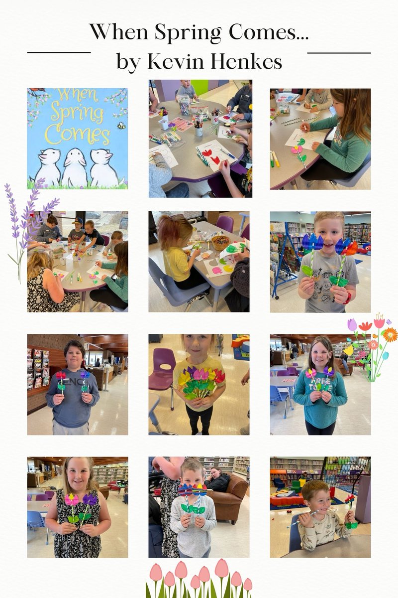 LibraryThompson's tweet image. This week for story time we read When Spring Comes by Kevin Henkes and we made paper tulips!! 

A huge thank you to everyone who came by the library with warm words, treats and cards for Library Workers&apos; Day this week! We feel so appreciated and loved! 🥳💐
