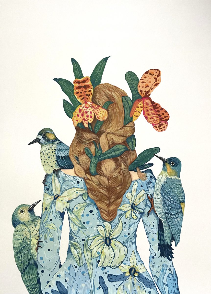 In several of the portraits featured in our current exhibition Tall Tales, Boriana Kantcheva paints the subject facing away from the viewer, drawing attention to the figure's animal companions. Woman with Three Birds (Wise Woman), gouache on paper 13forest.com/tall-tales