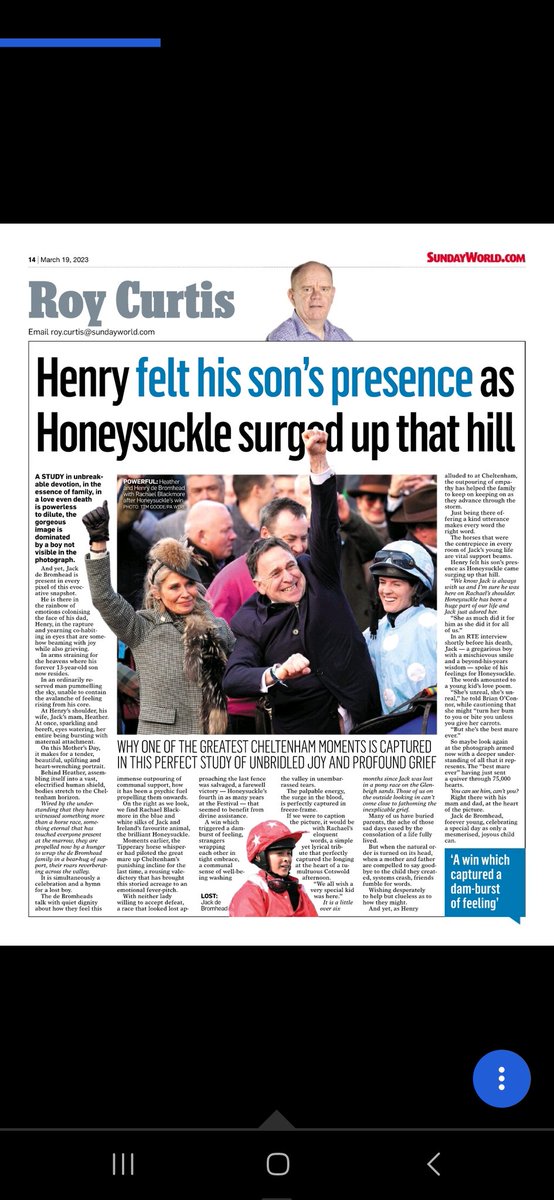 Amid the Grand National Saturday tumult, a rewind to one of the most profoundly powerful and beautiful sporting moments of my life. The De Bromheads on that Honeysuckle Cheltenham day of days so shortly after they lost their boy, Jack. Love and family. The stuff. The only stuff.