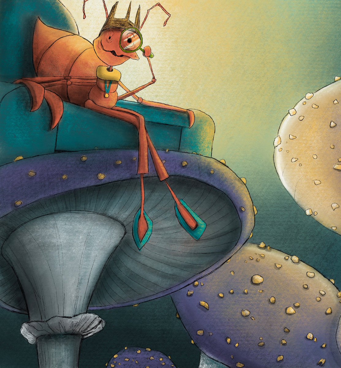 All hail the queen, who sits atop her mushroom throne! 
#picturebook #ant #queen #mushroom #throne #childrensbook #Illustrator #kidlitart