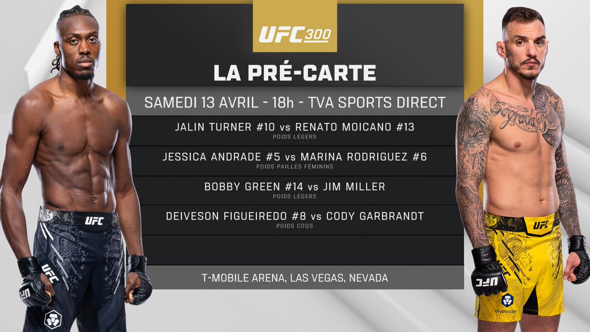 ValTroubleMMA's tweet image. Si il y a une carte que vous ne voulez pas manquer, c'est celle de ce soir #UFC300 🔥! 

Pré-carte dès 18:00 sur TVA Sports Direct 
Combats préliminaires dès 20:00 à TVA Sports 2 
Carte principale dès 22:00 sur Indigo 
@UFCQuebec
@UFC_CA
@UFC_TVA
#UFCTVA