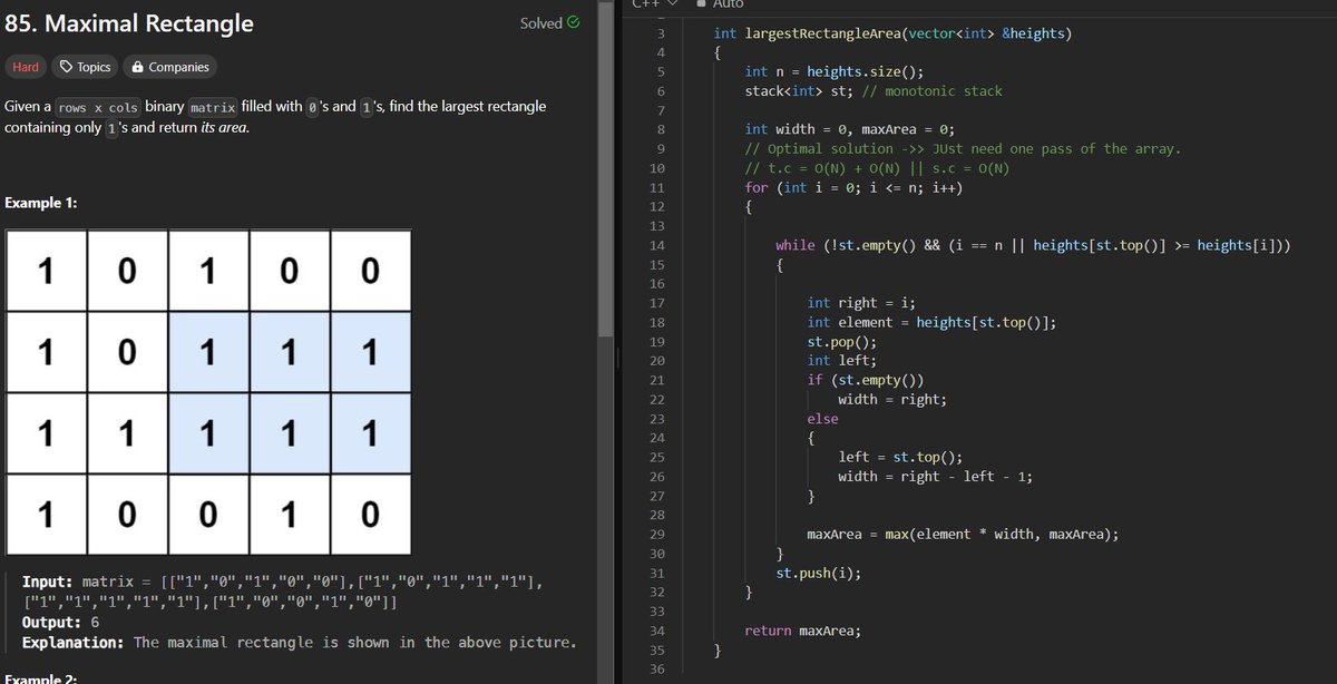 0sagarsingh01's tweet image. #Day64 #dailyChallenge #ProblemSolving
Today's #potd #leetcode #solutions
"85. Maximal Rectangle"