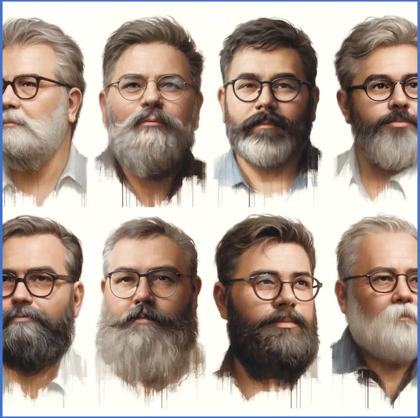 For my new autism book, I needed an image depicting my own level of prosopagnosia (face blindness). Thanks to AI, I came up with this panel of people to show how I'd see eight different but similar people - they become identical except for cues like hair and glasses and so on.