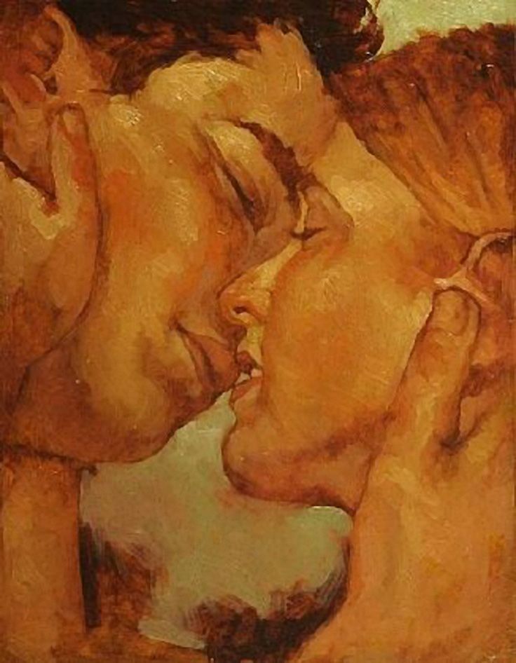 Un cuscino condiviso tra sussurri ricamati la seta carezza l'anima tra sorrisi e risa respirarsi il viso nel discorso detto nel silenzio di un bacio. 🎨'The Kiss' painting by Joseph Lorusso