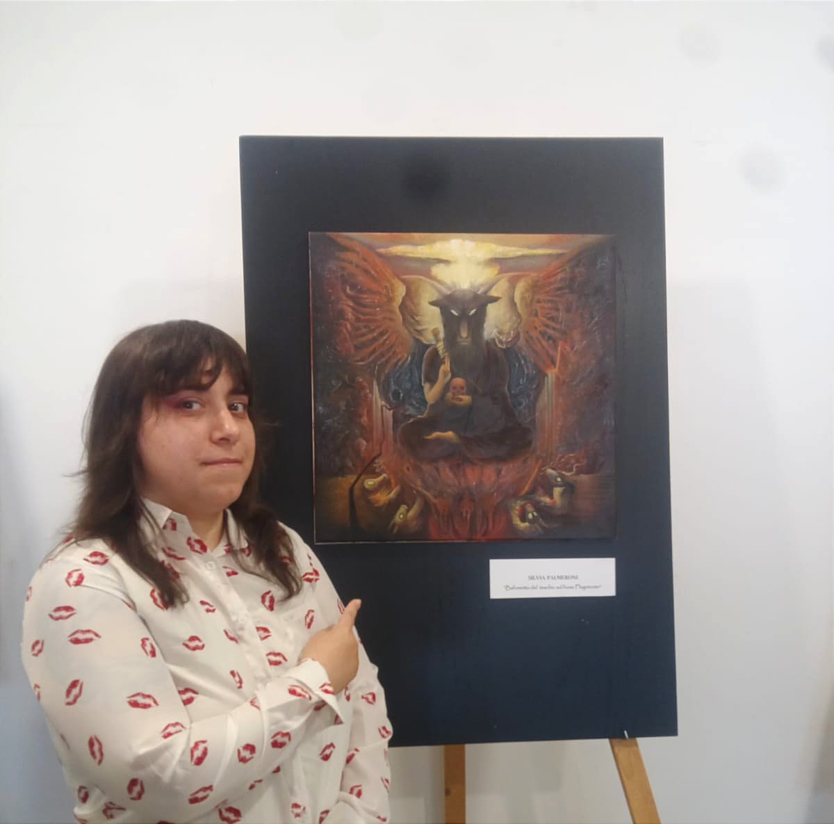 13th April 2024 'Inferno' Collective contest art show at Teatro Paladino in Rignano Flaminio (Rome, Italy)

*Silvia Palmeroni with the 'Baphomet of Skull on the Phlegethon river' painting

#silviapalmeroniart #darkart #darkartist #artshow #baphomet #devil #satan