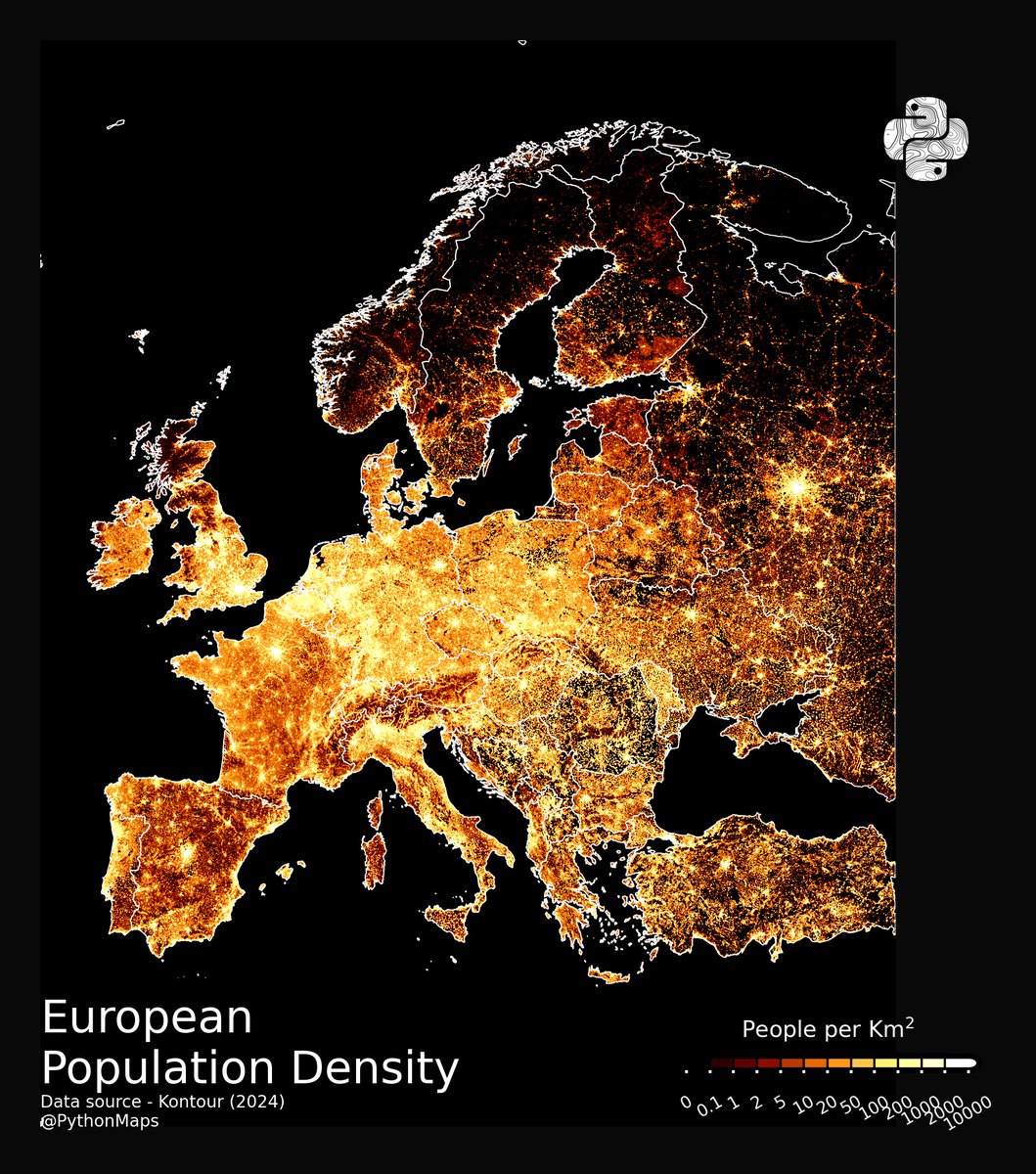 PythonMaps's tweet photo. Yet another thread of maps I like. This time we are looking loosely at Europe. Yes, I know Turkey isn't in Europe but who really cares. First up, Population! 1/13 https://t.co/UrHep0OW7W