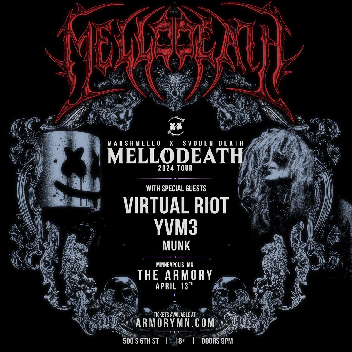 🚨TONIGHT🚨 MELLODEATH: @Marshmello & @svddendeath Here’s what you need to know ⬇️ - Doors & Show at 9pm 🕘 - Coat check is $5 cash/card - #soldout - Show up early to catch stellar support, stay to watch the madness ensue 🔥 C u 🔜