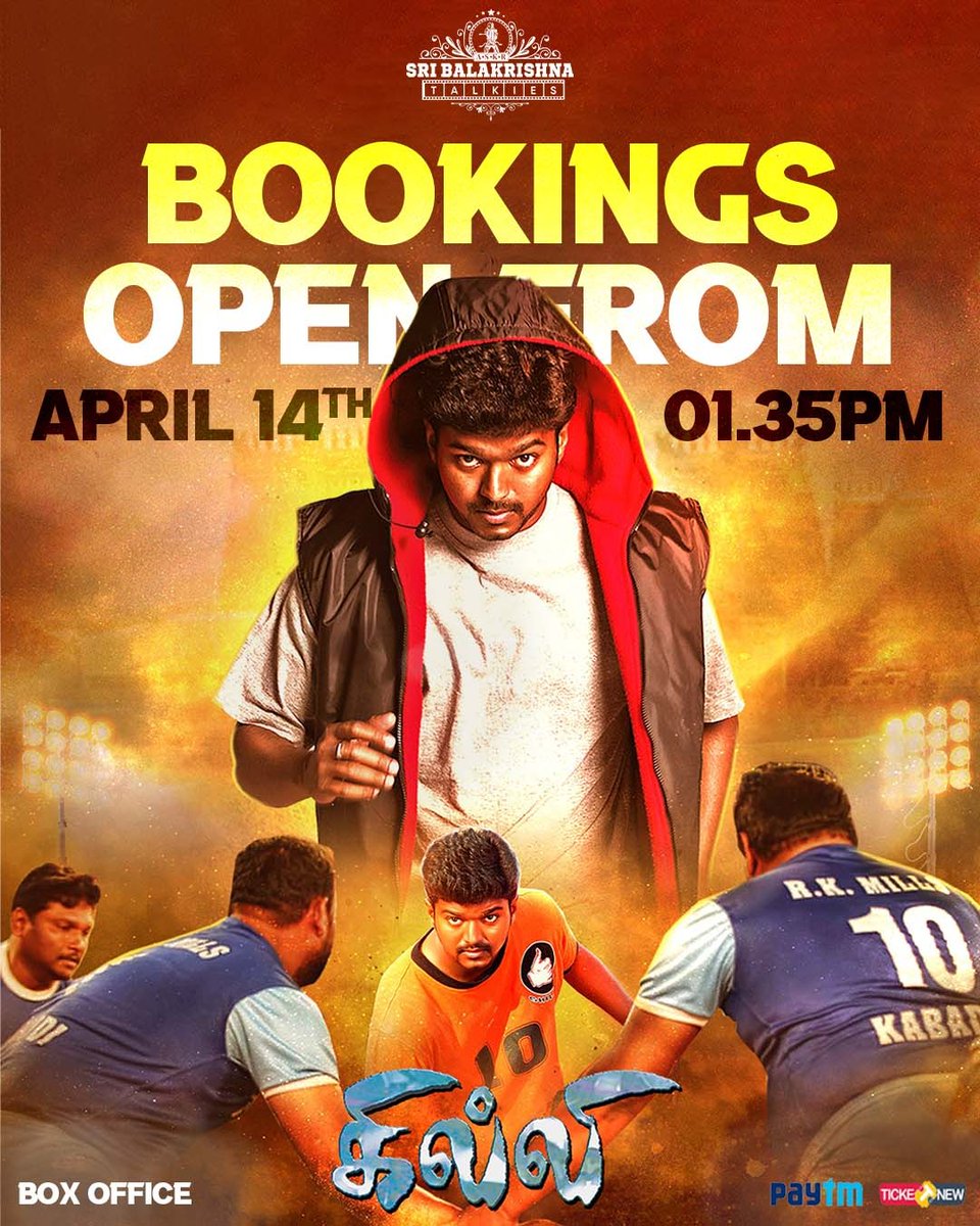 Velu's raid starts tomorrow at Sri Balakrishna Talkies. Bookings Open from tomorrow at 01.35pm. Get ready for an unbelievable celebration. #ghilli #ThalapathyVijay #ReRelease #TheGoat #april20threlease