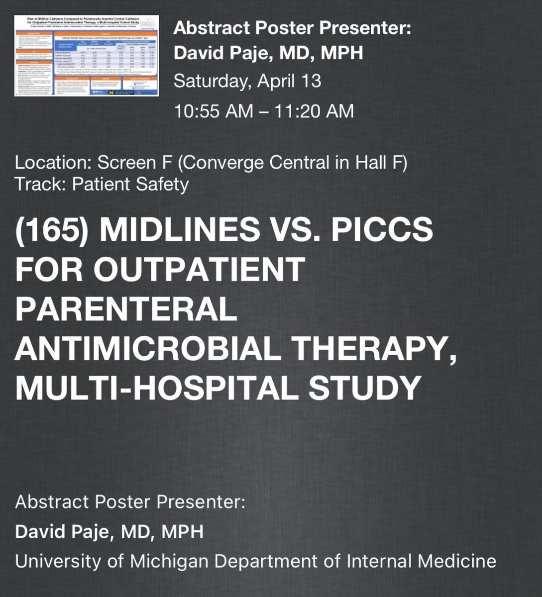 HMS_MI's tweet image. Let’s keep the fun going! Come see our next #HMS poster presentation right now at #SHMConverge24 !

165 - #Midlines vs. #PICCs for Outpatient Parenteral #Antimicrobial Therapy, Multi-Hospital Study - @PajeDavid