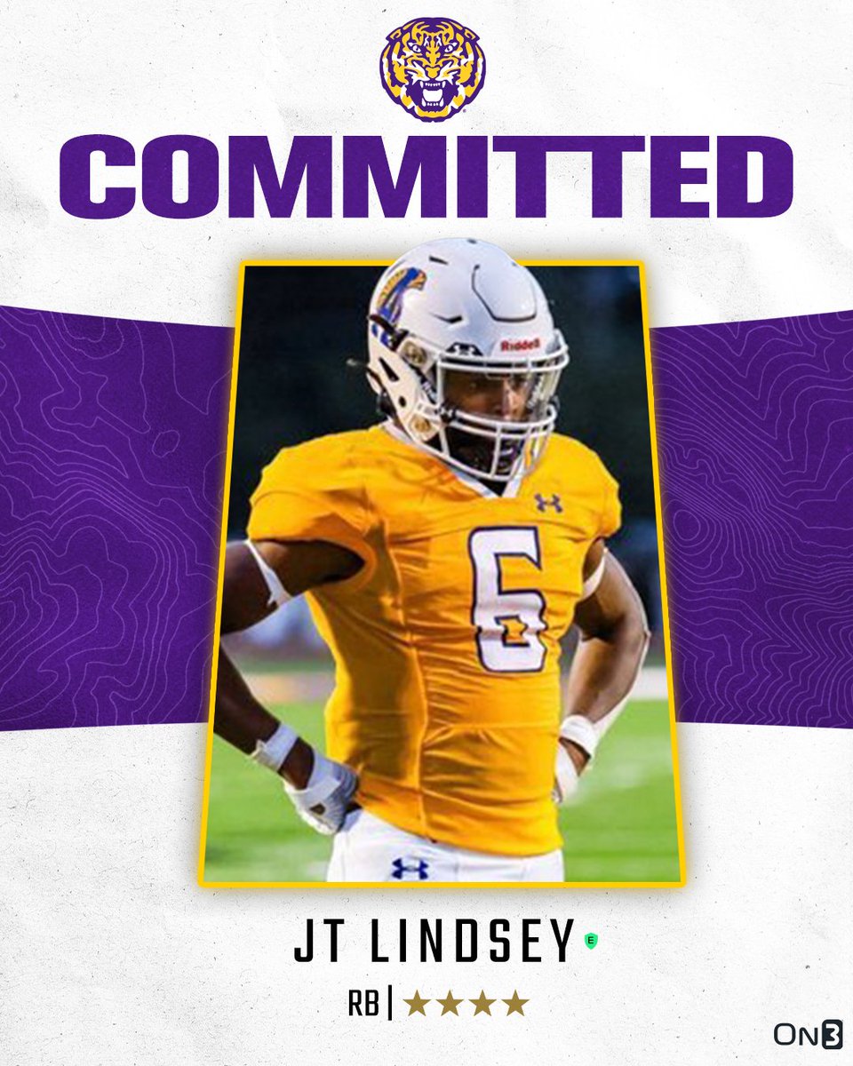Sheadixon's tweet photo. BREAKING: LSU lands a commit from Alexandria Senior High 4-star RB JT Lindsey.

He’s ranked by @On3recruits as a 4-star, Top 150 prospect + No. 11 RB in the country.

"It feels like home."

More: https://t.co/OiDjpFLYw4 https://t.co/otym2qdkmH
