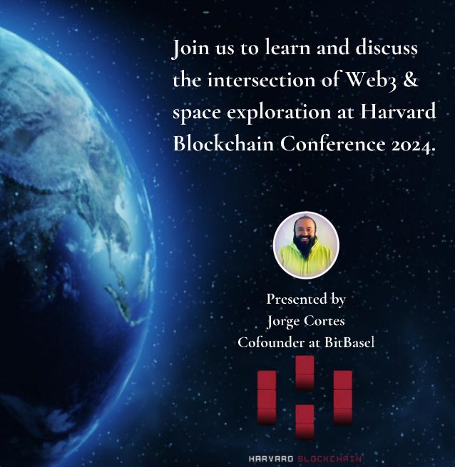 I’m very excited to celebrate Harvard Blockchain Conference 2024 by delivering a talk tomorrow at 2pm at the intersection of #Web3 & #SpaceTech ! ⚡️💗🚀@HBSCryptoClub RSVP HERE: lu.ma/42pxzpm3 #Harvard #Blockchain #Web3 #DeSci #DeSpace #CryptoArt