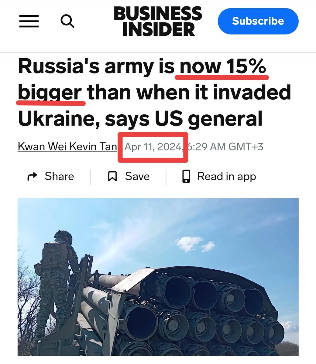 Russia’s Army now 15% larger than when it began its Ukraine offensive. “Over the past year Russia increased its front line troop strength from 360,000 to 470,000.” -- The US Army Gen. Cavoli How it started⬇️ How it's going⬇️
