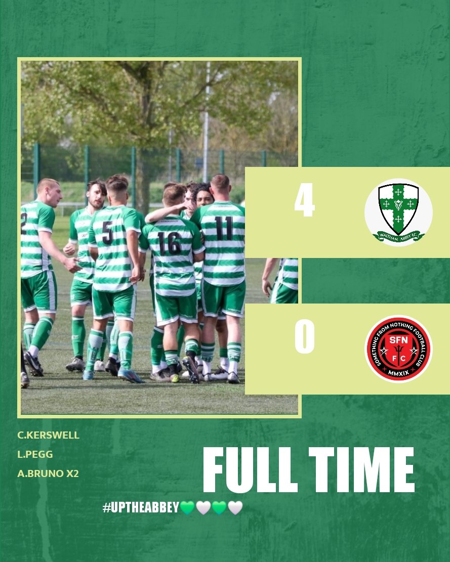 FINALISTS 
with a 4-0 win against something from nothing we booked our place in the Premier division Cup final at Dagenham and Redbridge 
#uptheabbey #UTA 💚🤍💚🤍
