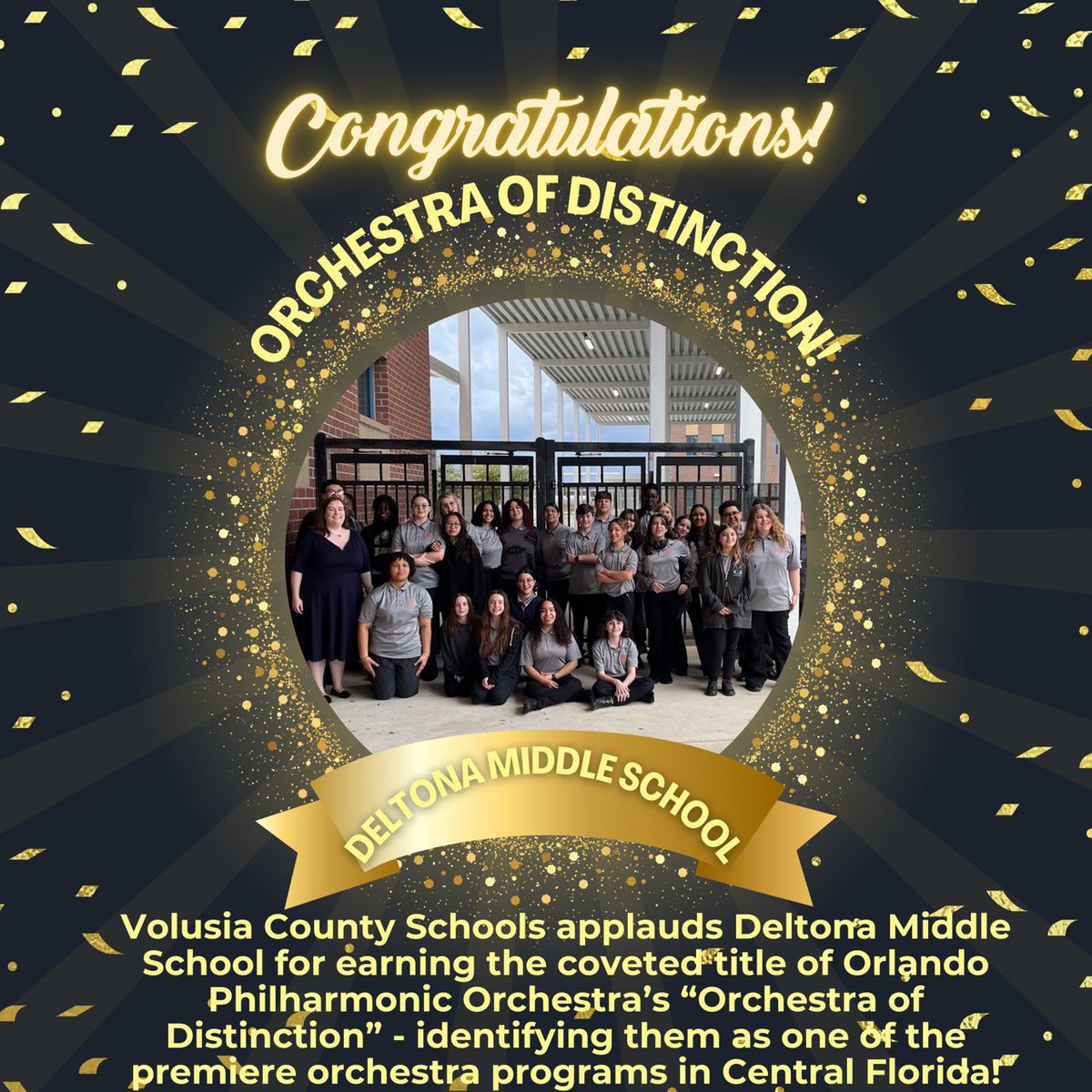 🎉🎻 Exciting News Alert! 🎻🎉 @DMS_CHARGERS orchestra has been named the @OrlandoPhilOrch's 'Orchestra of Distinction' out of many middle schools in Central Florida! 🏆 As part of this incredible achievement, the orchestra will be celebrated at the April 27th Orlando…