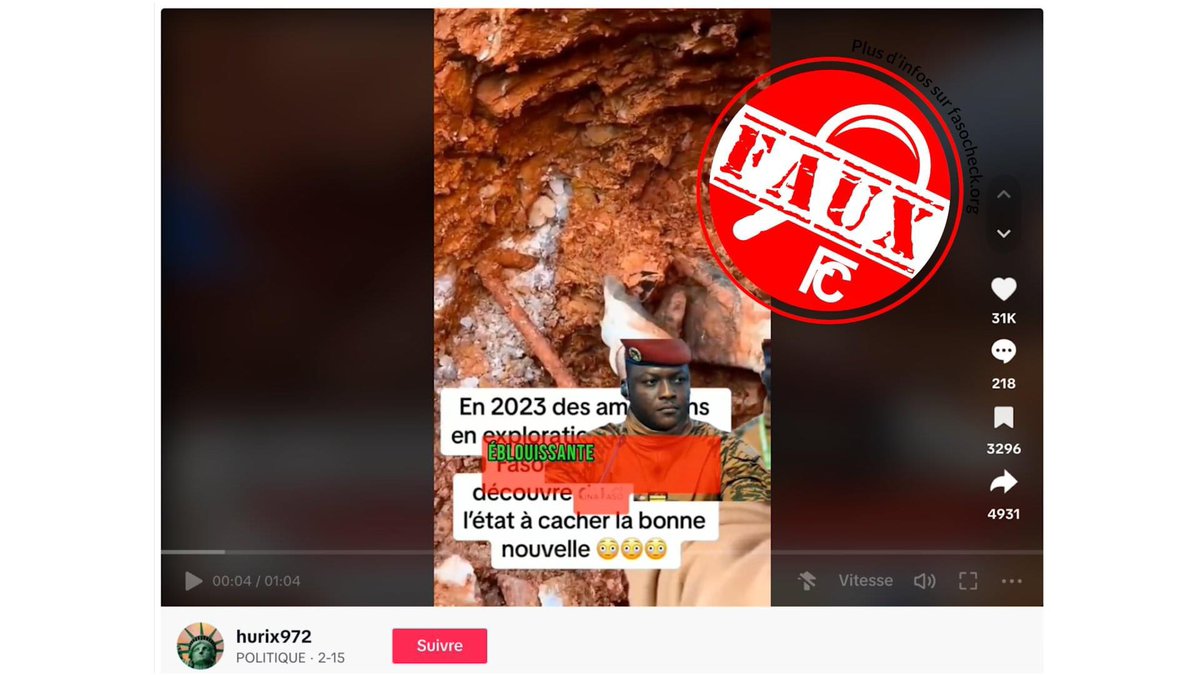 Découverte de diamant au #Burkina ? Une vidéo virale sur TikTok prétend que des explorateurs américains 🇺🇸 ont découvert du diamant 💎  en 2023 et l’ont caché à l’Etat burkinabè : Faux. 

Tout savoir ici 👉 tinyurl.com/4pf8eke3