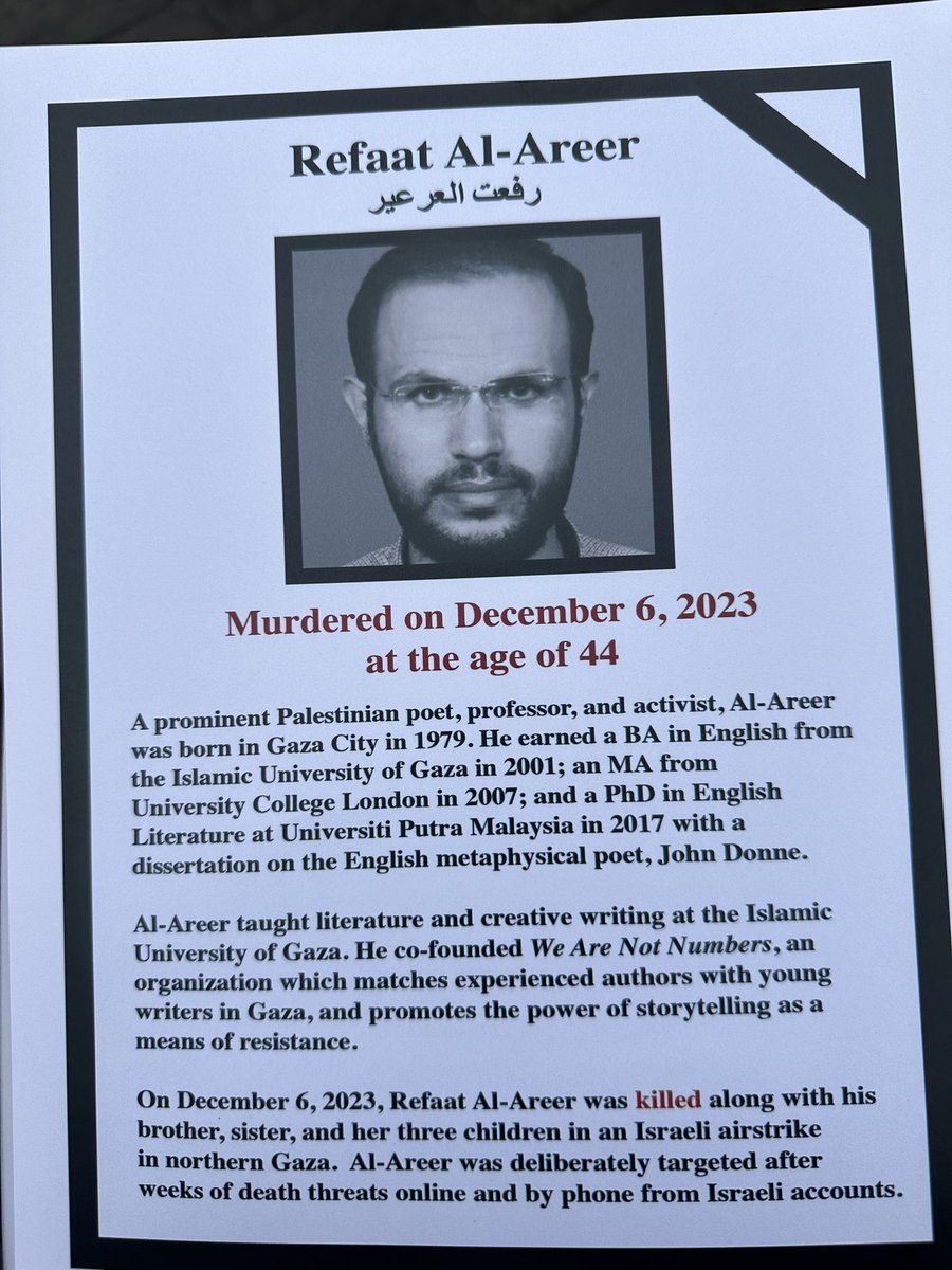 I’m at the scholasticide vigil, and I was assigned this poster to commemorate Refaat Al-Areer (@itranslate123).