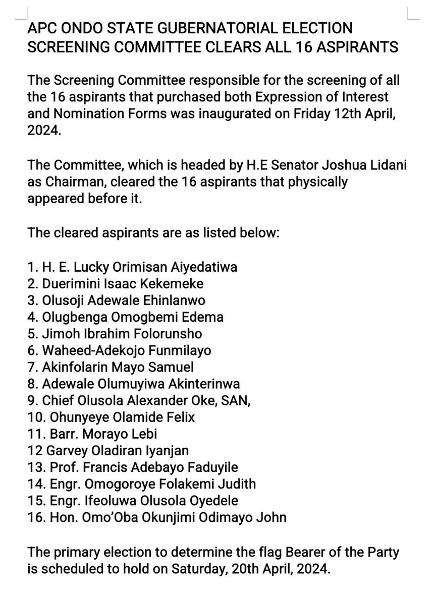 APC ONDO STATE GUBERNATORIAL ELECTION SCREENING COMMITTEE CLEARS ALL 16 ASPIRANTS