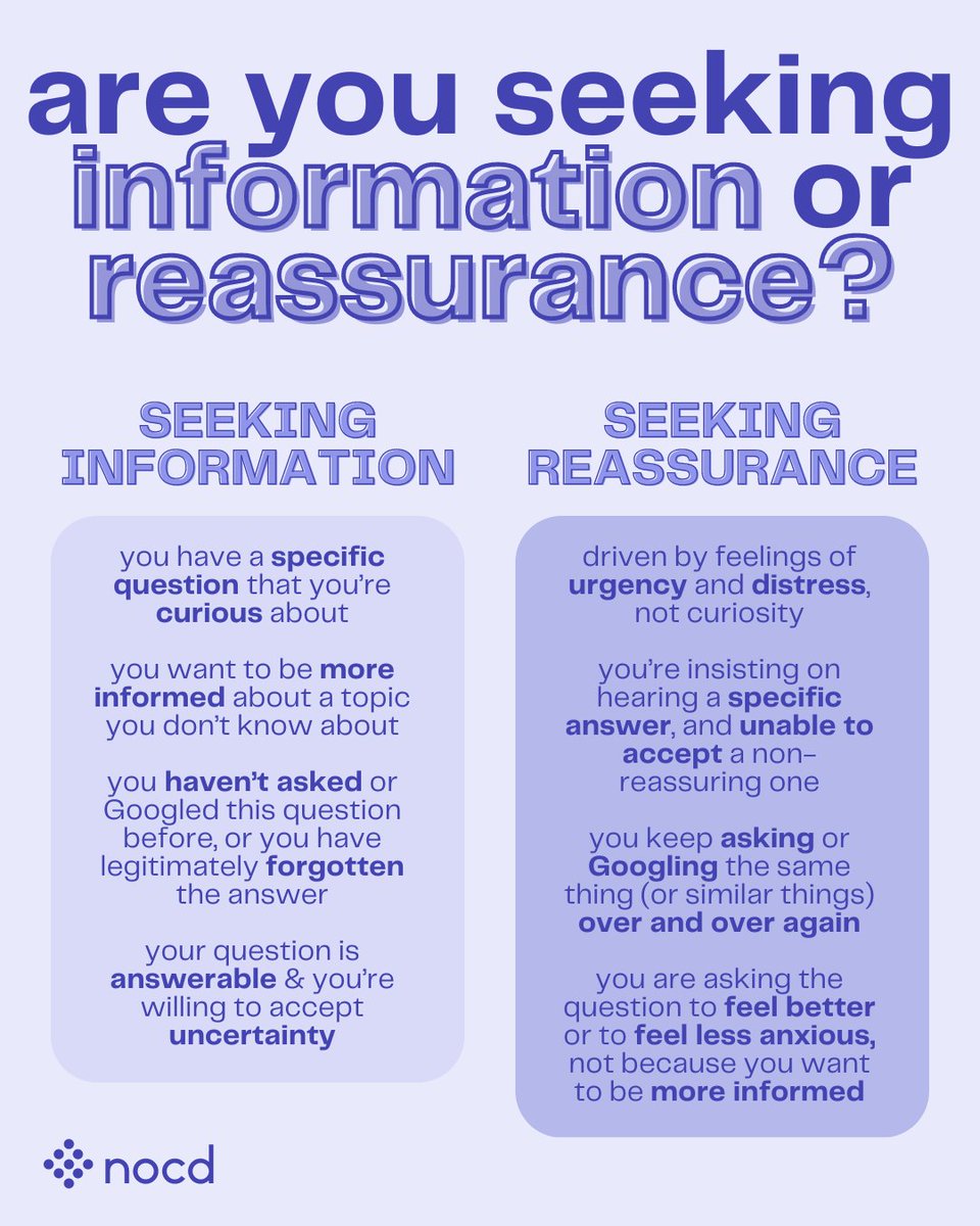 Reassurance-seeking is a common compulsion in OCD, which can eventually end up increasing OCD symptoms despite feeling good in the moment? Here are some tips for differentiating between neutral, curiosity-driven information-seeking and compulsive reassurance-seeking.