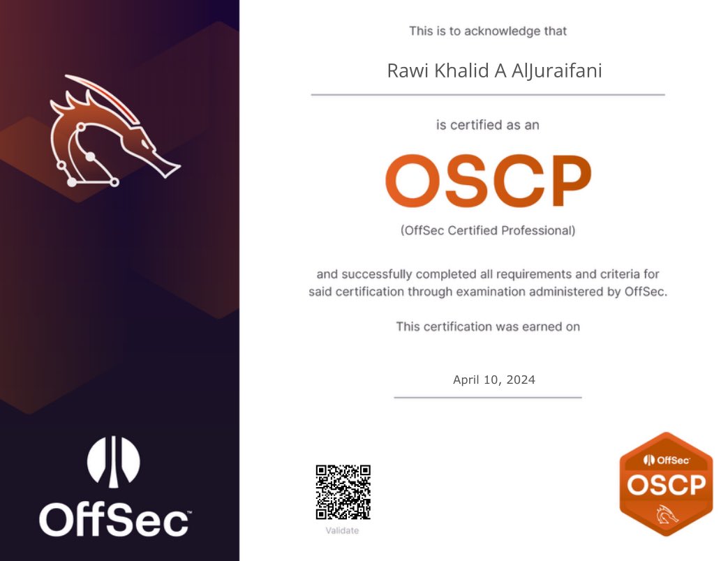 الحمدلله، 
بفضل الله استطعت الحصول على شهادة #OSCP

 I'm happy to share that I successfully
passed the #OSCP (PEN-200) exam

Thanks <a href="/offsectraining/">OffSec</a>