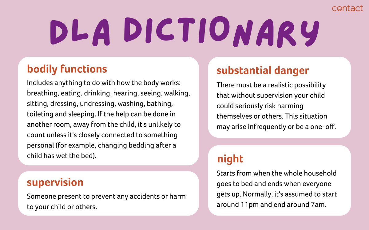 To increase your disabled child’s chances of getting the right Disability Living Allowance award, it’s important to know how the DWP interprets certain words in the form. Below are some key definitions, but you’ll find more advice in our DLA Guide: 👉 contact.org.uk/dla-guide