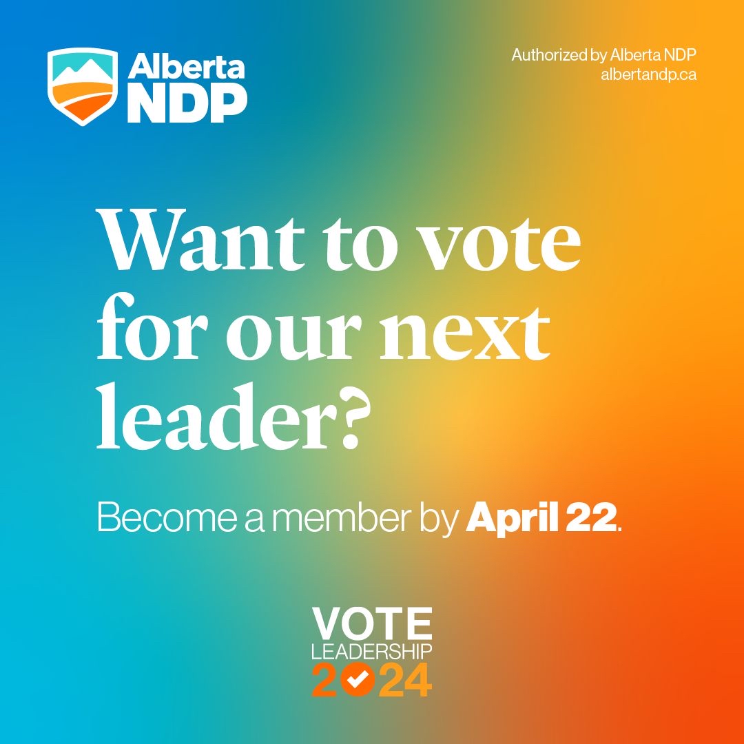 Only Alberta NDP members get to vote for our next leader. Share our membership form and ask your friends to join the Alberta NDP by April 22nd, so they can vote in our leadership contest! albertandp.ca/join