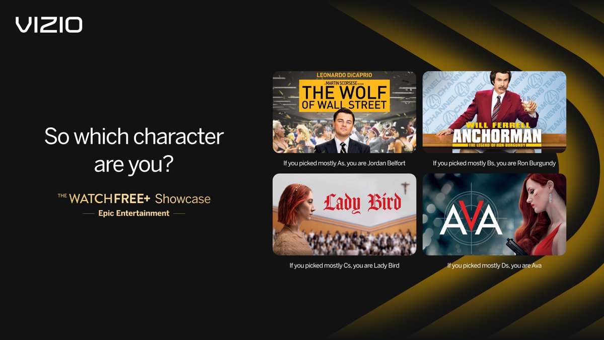 Which iconic movie character are you? 🤩 You can stream #TheWolfOfWallStreet, #Anchorman, #LadyBird, Ava, and more epic movies now in The WatchFree+ Showcase on your VIZIO Smart TV.