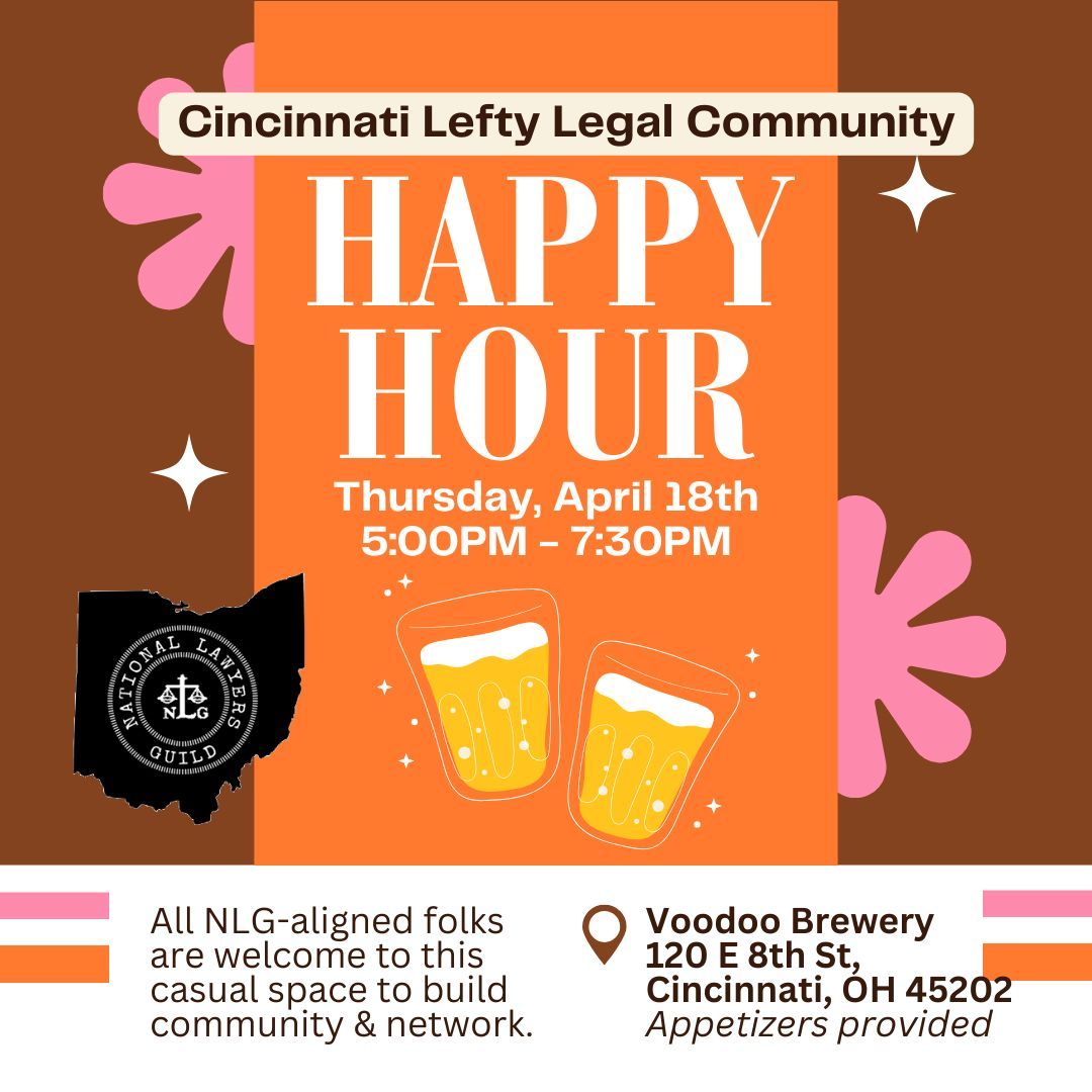 OhioNLG's tweet photo. Cincy folks! Join us for casual hangs &amp; community at our April Cincinnati Lefty Legal Happy Hour 🍻

Thursday, April 18th
5:00PM - 7:30PM 
NOMZ (21 Furnace St, Akron, OH 44308)
Appetizers provided https://t.co/MP0hIyIFYw