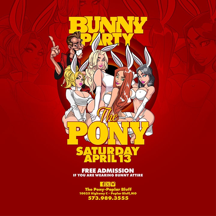 🐰 Hop on over to The Pony Poplar Bluff for our BUNNY PARTY on April 13! 🎉 Wear your best bunny attire for FREE admission! 🐇 Don't miss out on this fun-filled event for the whole family! 🐣 #BunnyParty #ThePony #PoplarBluff #GatewayToFun 🐥