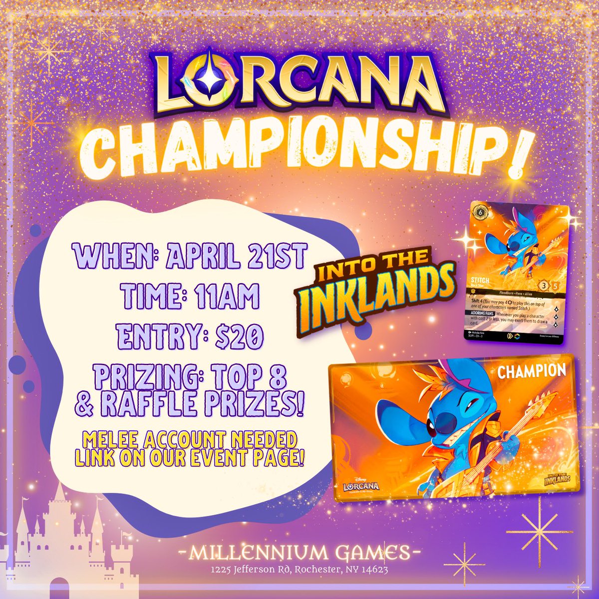 🏆LORCANA CHAMPIONSHIP🏆 Date: Sunday April 21st Start time: 11am (signups at 10:30) Entry: $20 We’ll also be raffling off some ~little treats~ to players based on attendance—if we get over 32 players, we’ll be raffling off an ENCHANTED! SIGNUP: bit.ly/4aEIVnC