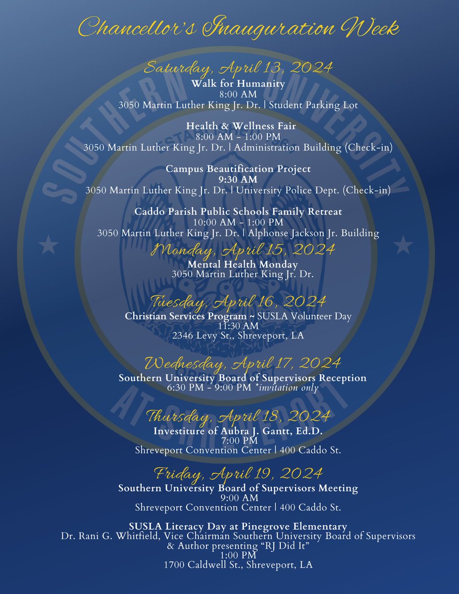 Please join us in the upcoming activities & events for the Chancellor's Inauguration Week!