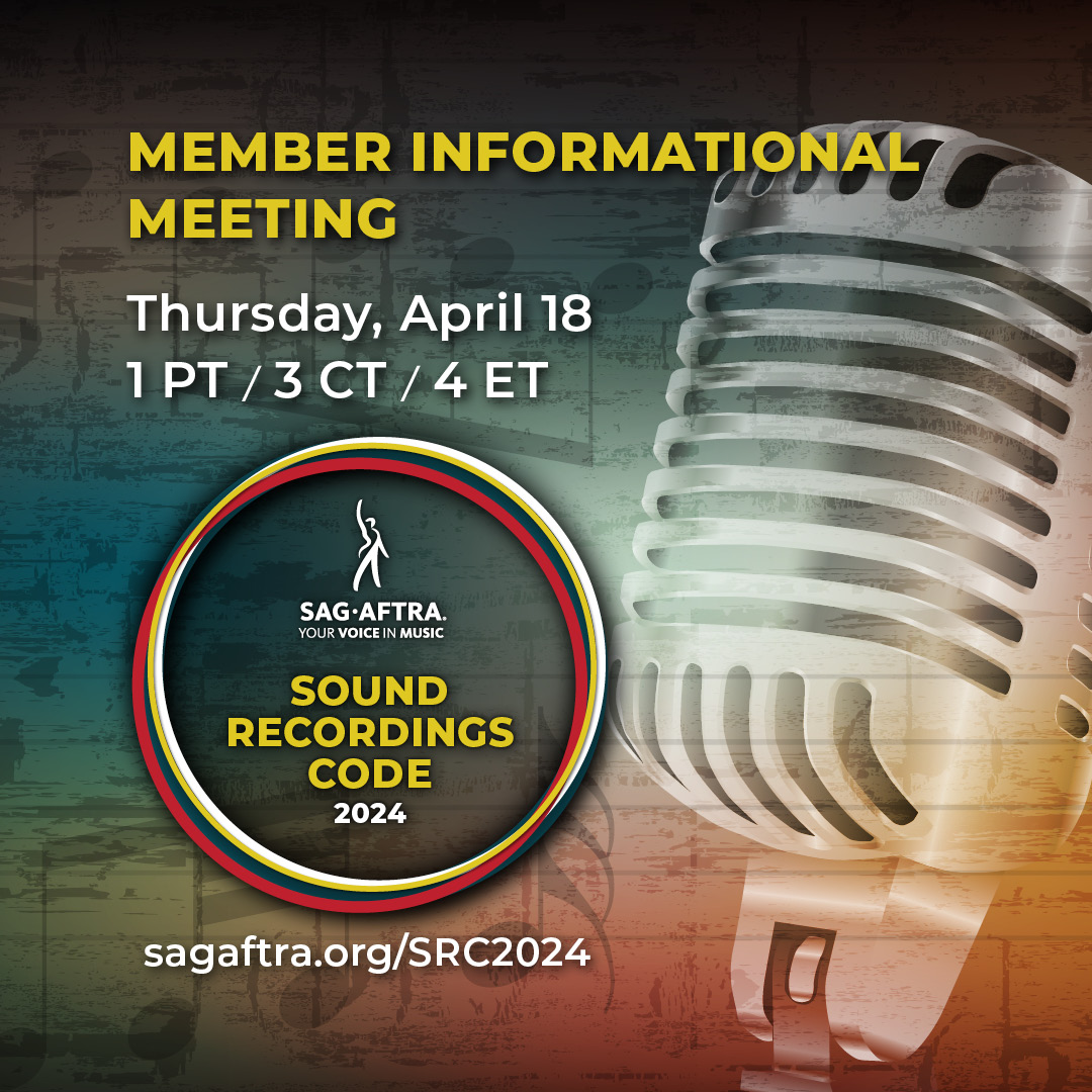 Singers & Recording Artists: Make an informed vote on the new Sound Recordings Code! #SagAftraMembers, join us for an informational meeting this THURSDAY, 4/18. Learn about the gains secured in the tentative agreement! 🎙️

More info / RSVP: sagaftra.org/SRC2024