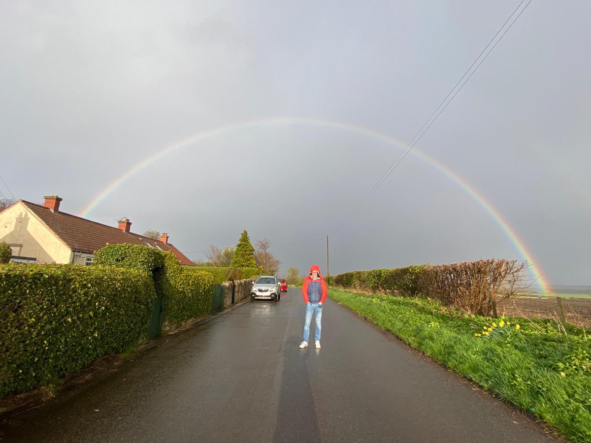 Out for a walk and just been drenched! Sudden downpour then glorious sunshine! Has left a nice full rainbow in its wake though!
