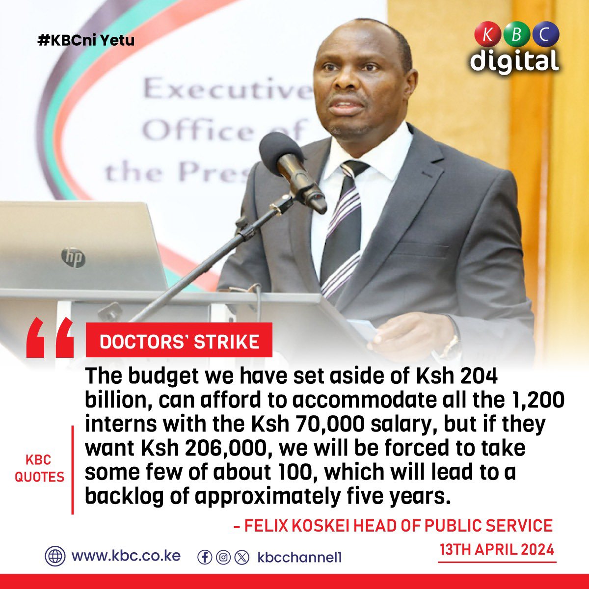 For the last 7 years an annual average of 1,000 - 1,200 medical officer interns have been earning a gross salary range of between kshs. 186,910 - 205,910 as per the CBA 2017-2021. What the government is not telling Kenyans is that this year they want to slash the salaries money…