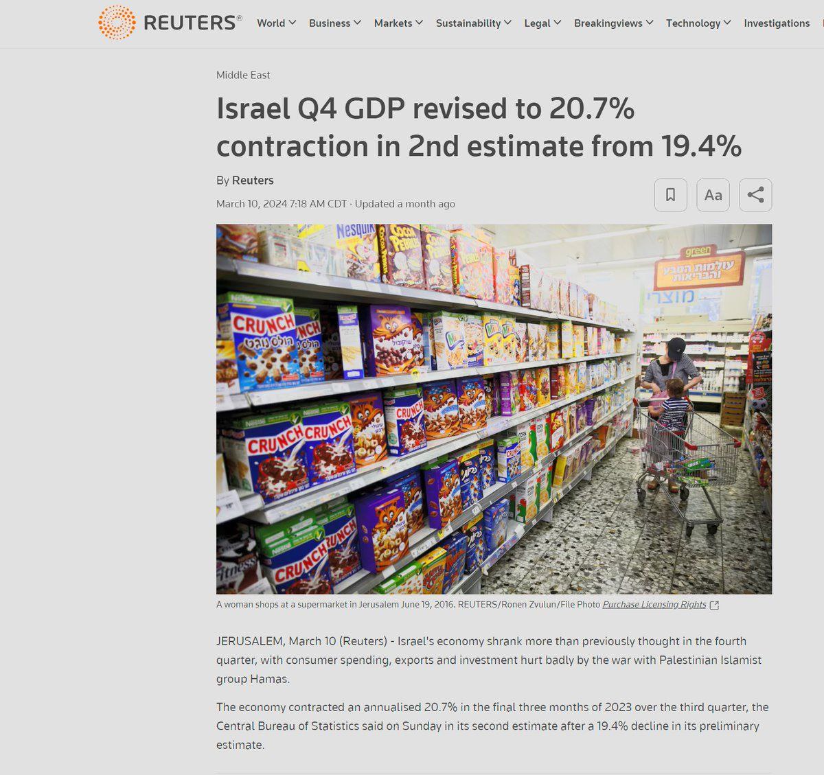 Reuters reports that the damage from the war in Gaza to the Israeli economy was greater than expected.

The regime's economy as a whole has shrunk by 20%, and damage in the coming years will amount to up to $400 billion.

Agriculture, tourism and trade have almost completely…