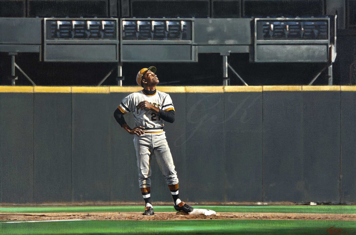 Here’s my painting of the great Roberto Clemente stretching his neck and taking in the sun after a double on October 9, 1972 (Game 3 of the NLCS), a little over a week after collecting hit number 3,000.