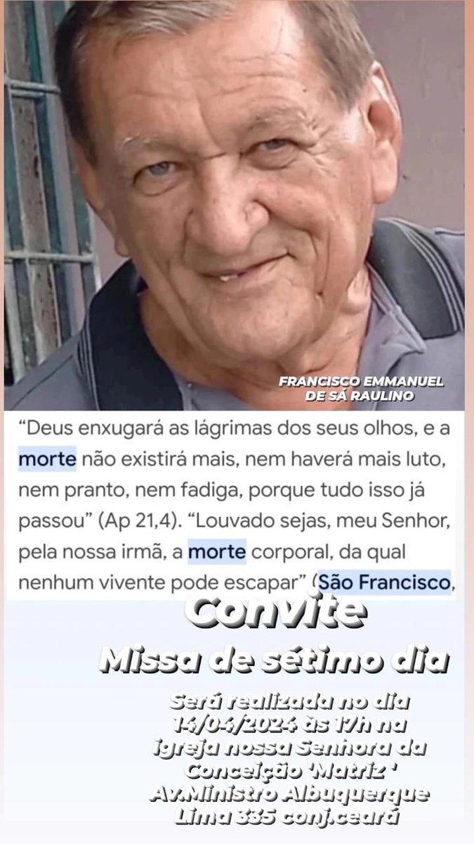 raulinodebora38's tweet image. Boa Tarde 🤍🕊️ Convido à todos que amanhã será a missa de 7 dia do meu papai as 17 horas na igreja ⛪️ matriz Nossa Senhora da Conceição do Conjunto Ceará.
#missa7dia #papai