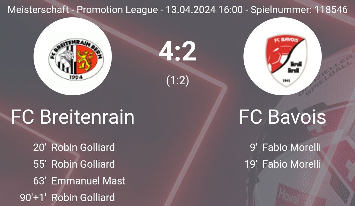 ElfsportCH's tweet photo. 🇨🇭#PromotionLeague - letzten Herbst @fcbreitenrain führt 2-0 (2x Obama), der @fcbavois gewinnt 4-2, Alvarez mit Hattrick - Heute auf dem #Spitalacker - #FCBavois führt 2-0 (2x Morelli), #Breitsch dreht die Partie und siegt 4-2 - Hattrick von Golliard - die Liga rockt, 💪💪💪 https://t.co/XmsNDKWkKu