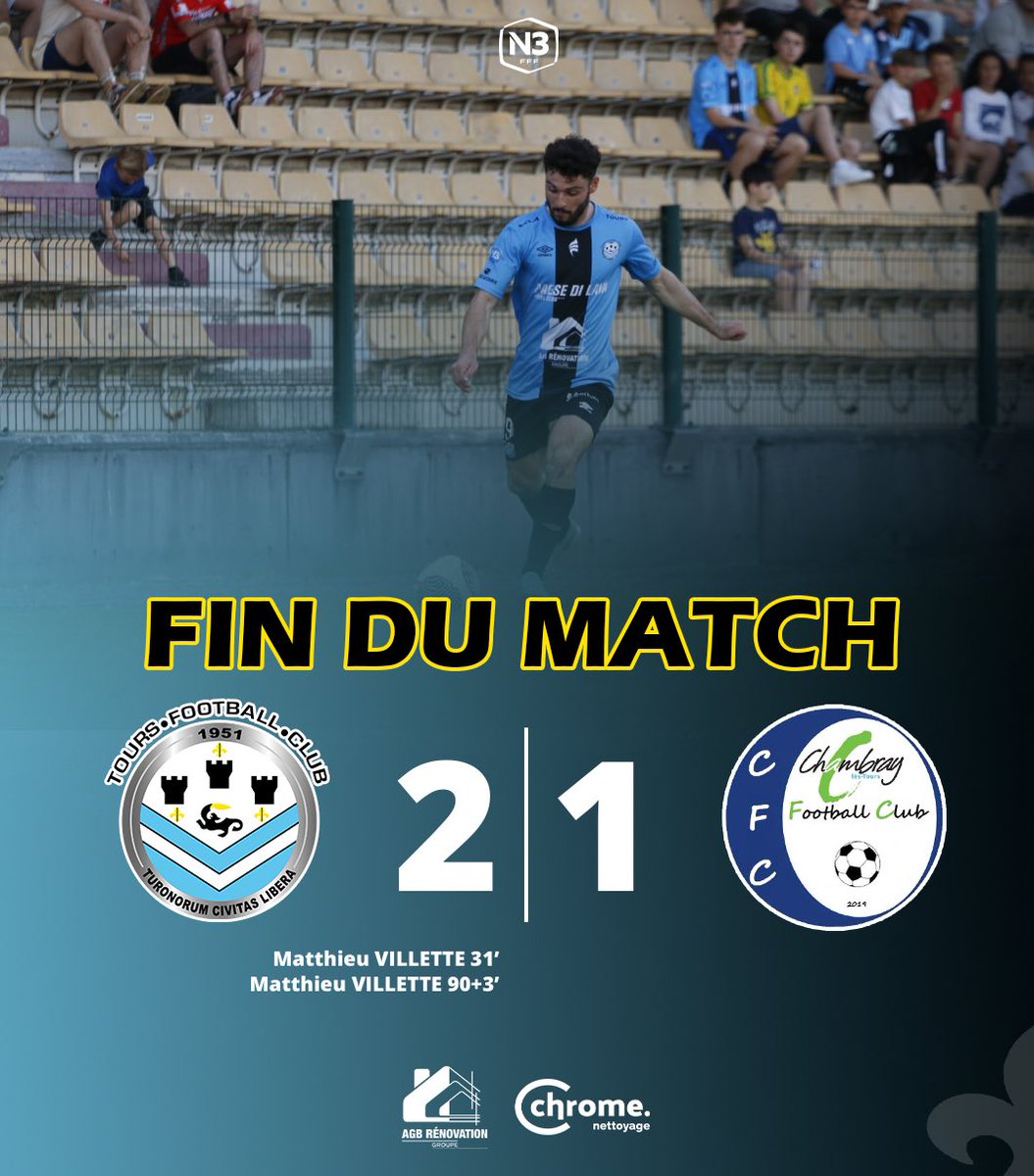 ToursFC's tweet photo. [#TOURSCFC] 90+7’ | 2-1

✅ C’est terminé à la Vallée du Cher !

Bien poussé par son public, le Tours FC s’impose à l’arrachée grâce à un doublé de Matthieu Villette 💪

#National3 | #ToursFC | #TousCielEtNoir 🔵⚫️ https://t.co/SwVEprLaE8