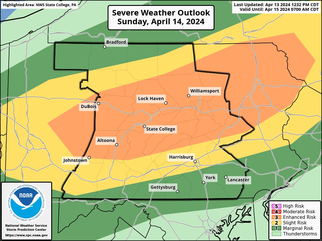 The SPC has upgraded portions of central Pennsylvania to an Enhanced risk. The main impact will be the damaging winds, though we can't rule out the potential for hail or tornadoes. Stay weather aware! #pawx