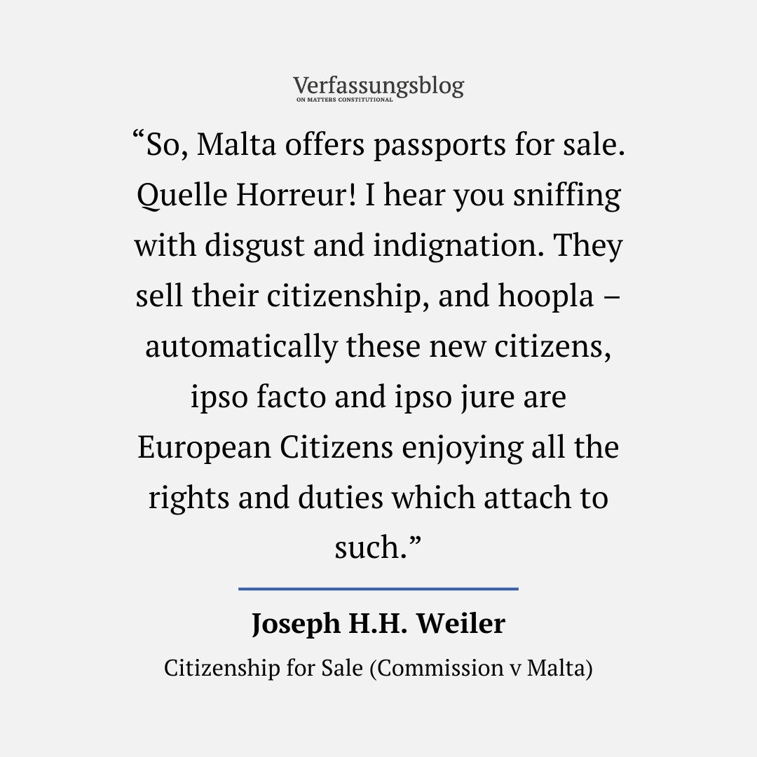 EU Citizenship for sale – Sniffing with disgust and indignation? But who of the two, Malta or the European Commission, is really selling European values? JOSEPH H.H. WEILER exposes double standards: verfassungsblog.de/citizenship-fo…