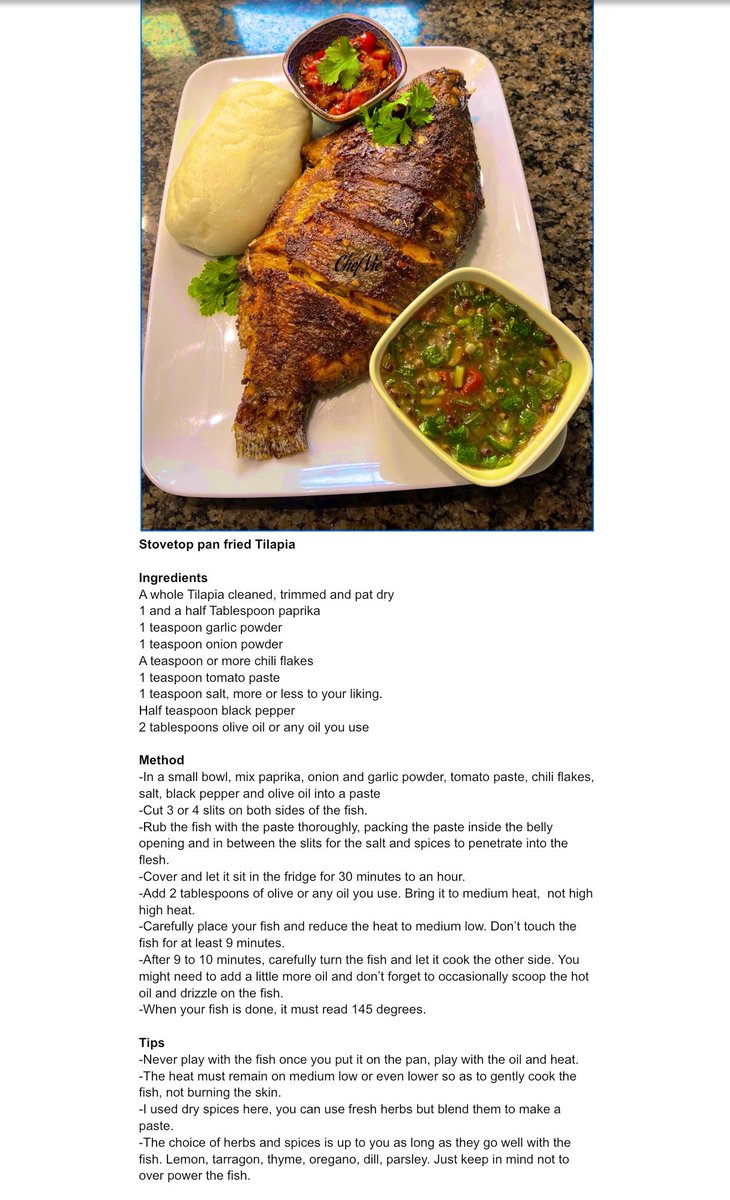 Here it the recipe I used for the Tilapia to those who requested. @TeamFuloZim @KingJayZim @babatafi @mutcol @Lialarsen