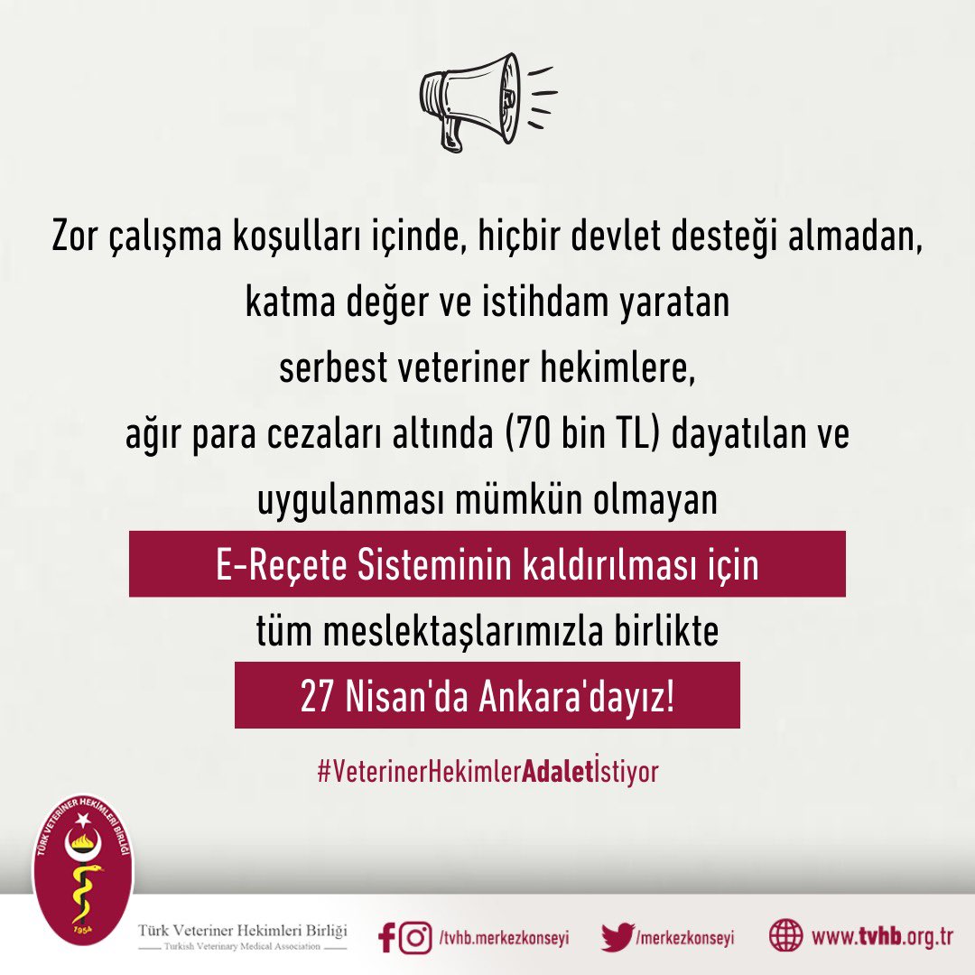 merkezkonseyi's tweet photo. Zor çalışma koşulları içinde, hiçbir devlet desteği almadan katma değer ve istihdam yaratan serbest veteriner hekimlere, ağır para cezaları altında (70 bin TL) dayatılan ve uygulanması mümkün olmayan E-Reçete Sistemi kaldırılmalıdır.

Emekliliklerinde 10.000 TL emekli maaşına mahkum edilen serbest veteriner hekimler, zoonotik hastalıklara karşı toplum sağlığını korumaya, hayvancılığa destek olmaya, hayvan sağlığını ve refahını korumaya zaman ve yer mefhumu gözetmeden devam ediyorlar.

Serbest veteriner hekimlerin de hak ettikleri koşullarda çalışabilmeleri ve emekliliğe yansıyacak hakları  için tüm alanlarda çalışan meslektaşlarımızla birlikte 27 Nisan'da Ankara'dayız. 

#VeterinerHekimlerAdaletİstiyor
#DünyaVeterinerHekimlerGünü #VeterinerHekimlerHaklarınıİstiyor