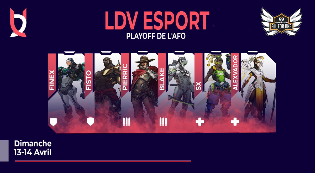 LDVEsport's tweet photo. [#Overwatch2]
Notre équipe OverWatch2 à joué la première journée des playoffs l'#AllForOne !⚔️

Ils ont fait 3 beaux matchs et finissent en 1/2!💪

GG et  #LDVWIN pour la suite demain sur le twitch Esport Live Central!🏆🏆

🟣https://t.co/araLAWGZDr ! https://t.co/JP7Ep4wkEF