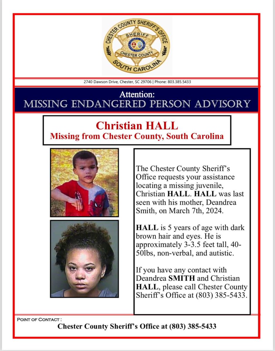 #SHARETOLOCATE #ENDANGEREDMISSINGCHILD #CHESTERCOUNTYSC #BOLO #CHRISTIANHALL