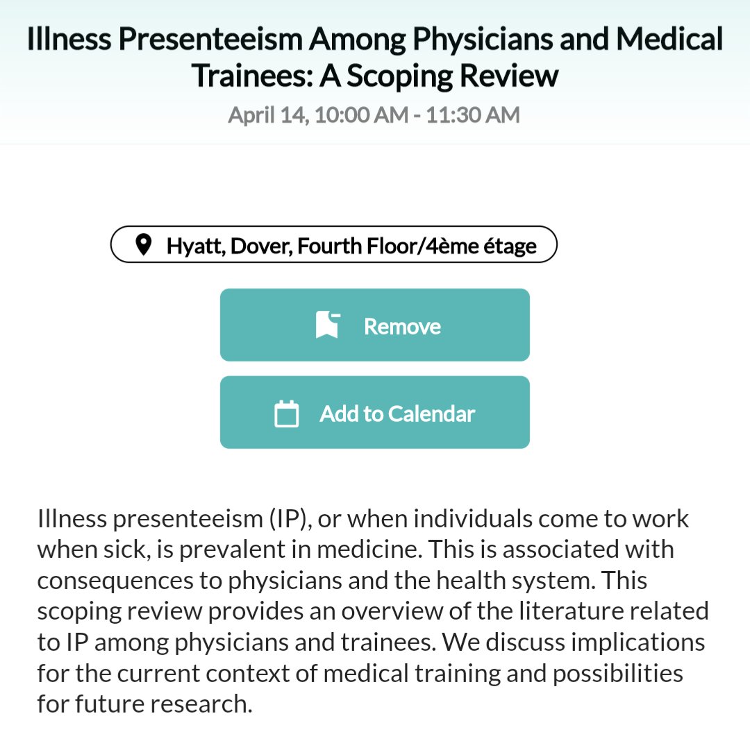 #ICAM2024

Have you ever worked while you were feeling sick? 🤒

Come hear about our scoping review to find out more on what the literature has to say on doctors/trainees coming to work sick 📃

📍Sunday, April 14 (OH-3-5, Hyatt-Dover Room, 10-11:30 am)