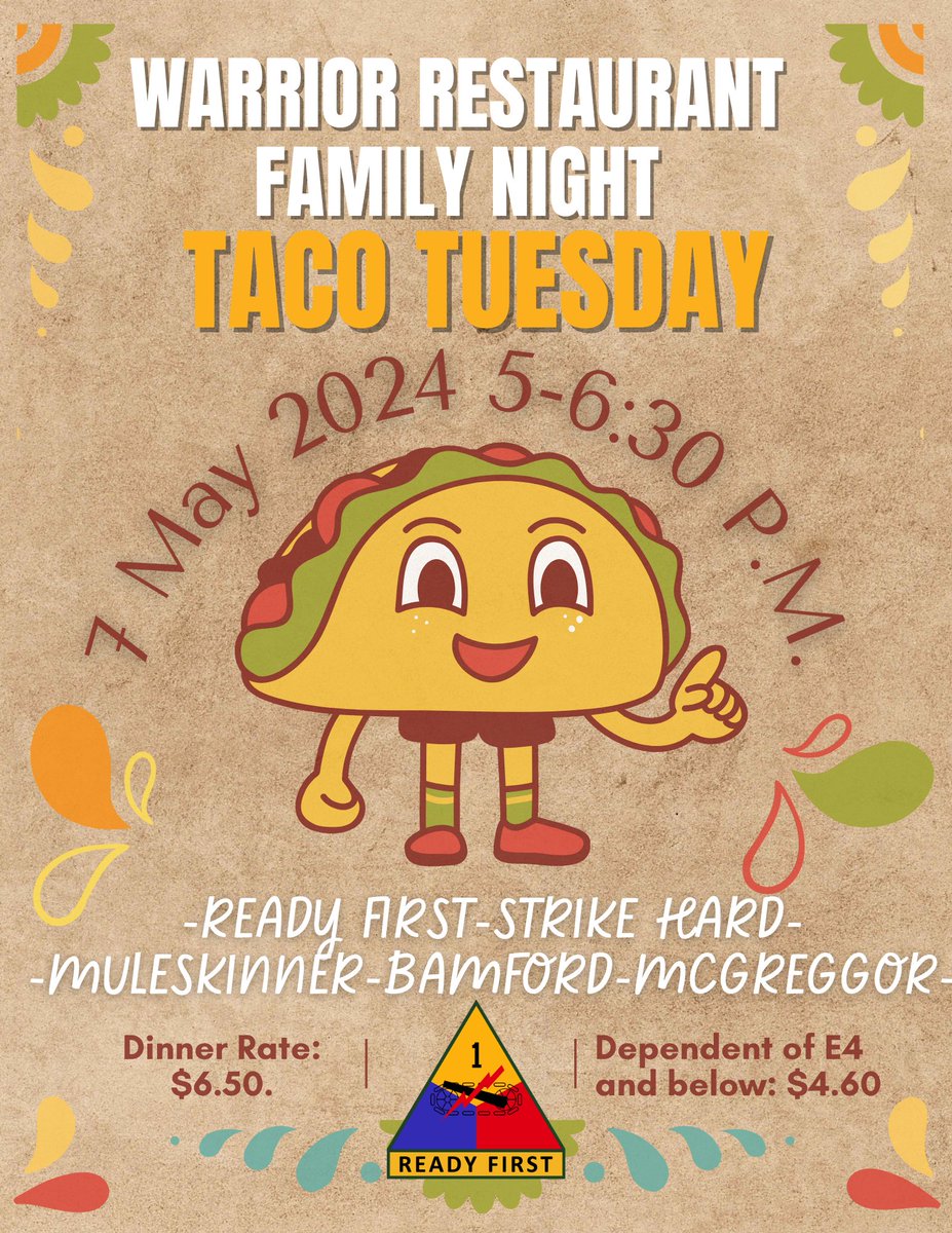 Taco Tuesday: The Best Day of the Week!🌮

Join us for Family Dinner Night at any of our Warrior Restaurants on Tuesday, May 7. Dinner is open from 5 P.M. to 6:30 P.M. 
It is a fiesta for the whole family!

#IronSoldiers #ItsBetterAtBliss