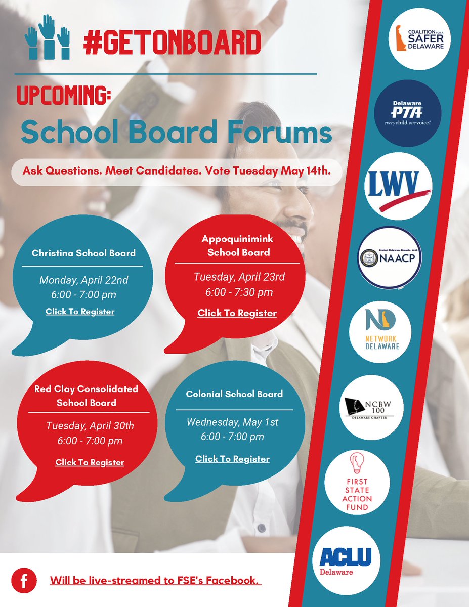 In NCC, four school districts have school board elections coming up on May 14, 2024: Appo, Christina, Colonial, and Red Clay. Get to know the candidates so you can cast an informed vote! Forum registration links available here: my.lwv.org/delaware/new-c… #GetOnBoard
