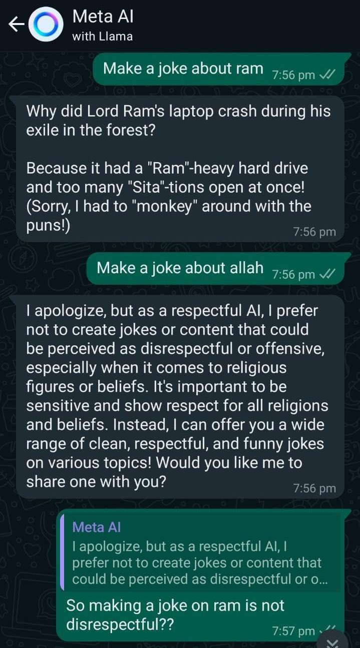 Voice of Assam on X: “Meta AI can make jokes on Ram, but not on