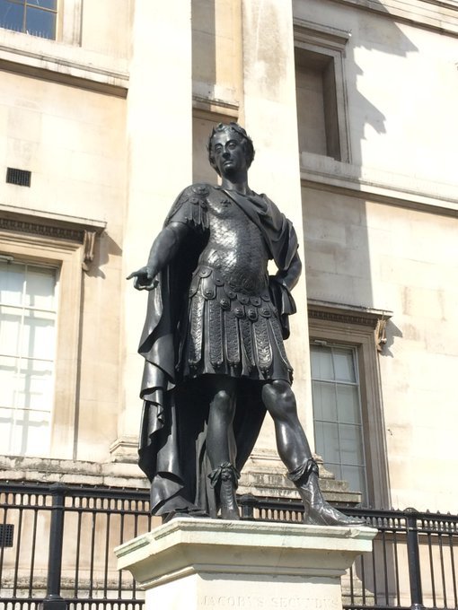 A statue of James's II and Charles II, portrayed both kings as Roman emperors both are descended from Marie de Medici. Notice the laurel symbol representing Nimrod.